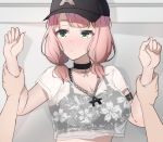  1girl 1other arimon_(dfrgty12) arm_belt arm_grab bang_dream! bangs baseball_cap black_bra black_choker black_headwear blunt_bangs blush bra bra_through_clothes breasts choker cleavage closed_mouth collarbone commentary_request crop_top drop_shadow eyebrows_behind_hair floral_print green_eyes hat highres large_breasts looking_away low_twintails midriff nose_blush pink_hair pov pov_hands see-through sheer_clothes shirt sidelocks solo_focus standing sweatdrop twintails uehara_himari underwear upper_body w_arms wall 