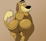 2024 absurd_res anthro bedroom_eyes big_butt black_eyes black_nose brown_background brown_body brown_ears brown_fur brown_tail butt canid canine canis colossalstars digital_media_(artwork) domestic_dog dukey fur half-closed_eyes hi_res huge_butt johnny_test_(series) looking_at_viewer looking_back male mammal narrowed_eyes presenting presenting_hindquarters rear_view seductive simple_background smile solo standing tail thick_thighs two_tone_tail