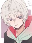  1boy alternate_costume gnosia grey_eyes grey_hair hair_between_eyes highres hood hoodie light_smile looking_at_viewer male_focus open_mouth purple_eyes remnan_(gnosia) short_hair simple_background solo sweater user_wahs4747 