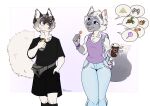 absurd_res anthro clothed clothing digital_media_(artwork) domestic_cat duo felid feline felis female female/female fluffy fluffy_tail fur hi_res mammal open_mouth ragdoll_cat rinkamo signature simple_background smile tail teeth white_body white_fur