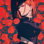  1girl b_(pixiv96367437) black_jacket brown_eyes brown_hair flower from_above highres jacket jujutsu_kaisen kugisaki_nobara long_sleeves looking_at_viewer lying midriff on_back open_mouth red_flower red_rose rose short_hair solo stomach upper_body 