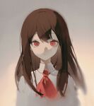  1girl ascot brown_background brown_hair chinese_commentary collared_shirt commentary_request escapeeverytime expressionless film_grain highres ib_(ib) ib_(kouri) long_hair looking_at_viewer portrait red_ascot red_eyes shirt simple_background solo straight-on white_shirt 