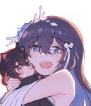 2girls :d ahoge animal_ears bare_shoulders black_hair blue_eyes blue_flower blue_hair blush bow cat_ears colored_inner_hair commentary crossed_bangs english_commentary expressionless flower hair_between_eyes hair_bow hair_flower hair_ornament highres honkai_(series) honkai_impact_3rd hug long_hair looking_at_viewer mini_person minigirl multicolored_hair multiple_girls open_mouth pawpads red_eyes red_hair seele_(alter_ego) seele_vollerei seele_vollerei_(herrscher_of_rebirth) short_hair sidelocks simple_background smile teeth two-tone_hair upper_teeth_only velcozz white_background white_bow 