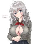  1girl black_skirt blue_eyes breasts cleavage commentary_request dated dress_shirt grey_shirt kantai_collection kashima_(kantai_collection) large_breasts long_hair long_sleeves looking_at_viewer neckerchief open_clothes pleated_skirt red_neckwear shirt sidelocks silver_hair simple_background skirt solo twintails twitter_username u0709 upper_body wavy_hair white_background 