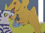 2022 absurd_res agumon anal anal_penetration anthro artist_name balls bandai_namco black_nose blue_body blush bodily_fluids breath claws cowgirl_position cum cum_drip cum_from_penis cum_in_ass cum_in_mouth cum_inside cum_on_belly cum_on_body cum_on_chest cum_on_face cum_on_own_penis cum_on_penis cum_on_self cum_on_tongue digimon digimon_(species) dripping duo erection eyes_closed fangs feet from_front_position fur gabumon genital_fluids genitals glans green_eyes grey_glans hi_res horn humanoid_genitalia humanoid_penis inside leaking_cum looking_down_at_partner looking_pleasured male male/male markings multicolored_body multicolored_fur on_bottom on_top open_mouth open_smile orange_body orange_scales orgasm pecs penetration penis pink_body purple_body purple_fur purple_stripes scales sex short_tail sitting slightly_chubby smile striped_body striped_fur stripes sweat tail teeth toe_claws toes tongue tongue_out white_body white_fur winick-lim yellow_body yellow_horn