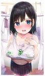  1girl absurdres bangs black_hair black_skirt blue_eyes blush breasts collarbone commentary_request eyebrows_visible_through_hair highres indoors large_breasts long_hair looking_at_viewer navel original pleated_skirt rouka_(akatyann) school_uniform shirt shirt_removed skirt solo tearing_up wet wet_hair white_shirt window 