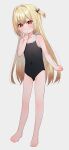  1girl absurdres ass_visible_through_thighs bare_arms bare_legs bare_shoulders barefoot black_one-piece_swimsuit blonde_hair blush cameltoe collarbone covered_navel fang full_body grey_background grin hair_between_eyes hair_intakes hand_up highres index_finger_raised long_hair looking_at_viewer meito_(maze) one-piece_swimsuit one_side_up original red_eyes simple_background smile solo standing swimsuit very_long_hair 