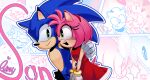 1boy 1girl amy_rose animal_ears animal_nose artist_name blush body_fur cat_ears closed_eyes closed_mouth commentary_request furry furry_female furry_male gloves green_eyes happy heart hetero highres korean_commentary looking_at_another open_mouth pink_hair short_hair simple_background smile sonic_(series) sonic_the_hedgehog standing upper_body weilg77 white_gloves 