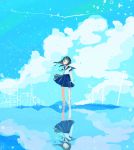  1girl abstract black_hair blue_eyes bottle building cloud cloudy_sky commentary_request copyright_request feet_out_of_frame highres ibaraki_natou outdoors power_lines reflection ripples school_uniform sky solo twintails uniform water_bottle wind 
