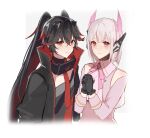  2girls black_coat black_gloves black_hair blush bob_cut clothing_cutout coat colored_inner_hair colored_tips commentary crossed_bangs earpiece earrings fake_horns gloves grey_background hair_between_eyes headgear horns jewelry kanane_li liv:_lux_(punishing:_gray_raven) liv_(punishing:_gray_raven) long_hair looking_at_viewer lucia:_plume_(punishing:_gray_raven) lucia_(punishing:_gray_raven) mechanical_horns multicolored_hair multiple_girls neck_ribbon necktie open_clothes open_coat own_hands_clasped own_hands_together pink_eyes pink_ribbon pink_shirt punishing:_gray_raven red_eyes red_necktie ribbon shirt short_hair shoulder_cutout small_horns smile twintails two-sided_coat two-sided_fabric upper_body variant_set white_eyes 