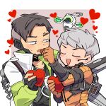  1boy 1girl ^_^ animification apex_legends armor backpack bag black_gloves black_hair black_shirt blush bodysuit border box breastplate candy chocolate closed_eyes crypto_(apex_legends) earpiece feeding food gloves grey_vest hack_(apex_legends) hair_behind_ear heart heart-shaped_box heart-shaped_chocolate hetero highres jacket looking_down missile_pod nojima_minami non-humanoid_robot orange_bodysuit orange_gloves outside_border partially_fingerless_gloves pink_background robot sanpaku shirt smile undercut v-shaped_eyebrows valentine valkyrie_(apex_legends) vest white_border white_jacket 