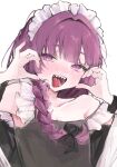  1girl blush bocchi_the_rock! braid dress flat_chest hair_over_shoulder highres hiroi_kikuri iq033 long_hair looking_at_viewer maid_headdress open_mouth purple_eyes purple_hair sharp_teeth simple_background sketch smile solo teeth tongue tongue_out upper_body white_background 