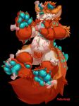 4_fingers 4_toes ambiguous/ambiguous ambiguous_gender annoyed anthro belly_rub black_background blue_eyes blue_horn blue_nose blue_pawpads claws disembodied_hand fangs feet fingers foot_grab fur group hi_res hindpaw horn kaiju kanouky_(character) kaomoroart mammal nails orange_body orange_fur pawpads paws red_body red_fur simple_background tan_body tan_fur teeth toes touching_feet touching_stomach tusks