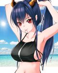  1girl arknights armpits arms_up bangs bare_arms bare_shoulders bikini black_bikini blue_hair blue_sky breasts ch&#039;en_(arknights) chain&#039;s cloud collarbone commentary day dragon_horns hair_between_eyes hair_tie_in_mouth highres horns large_breasts long_hair looking_at_viewer mouth_hold navel ocean outdoors ponytail red_eyes sky smile solo stomach sun swimsuit tying_hair upper_body water 