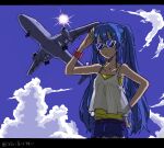  1girl aircraft airplane alternate_costume bad_drawr_id bad_id bare_arms blue_hair blue_sky bracelet camisole cloud collarbone day denim denim_shorts hand_on_own_hip hand_up hatsune_miku jet jewelry letterboxed long_hair megamegaglass oekaki outdoors salute shirt shorts sky solo sunglasses translation_request twintails vocaloid white_camisole yellow_shirt 