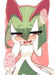  blush colored_skin green_hair hair_between_eyes hands_on_own_cheeks hands_on_own_face heart heart_in_eye highres horns ino_(tellu0120) kirlia multicolored_skin open_mouth pink_background pink_eyes pokemon pokemon_(creature) sidelocks simple_background symbol_in_eye translation_request two-tone_skin white_skin 