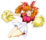  1990s_(style) 1girl asuka_120_percent full_body long_hair official_art open_mouth orange_eyes orange_hair pleated_skirt pom_poms puffy_sleeves shoes short_sleeves simple_background skirt sneakers solo suzuki_megumi twintails white_background white_footwear white_skirt 