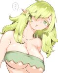  1girl bandeau bare_shoulders breasts collarbone commentary_request elf expressionless green_eyes green_hair hair_over_one_eye large_breasts long_hair looking_at_viewer nishi_yoshiyuki original parted_lips pointy_ears simple_background solo upper_body white_background 