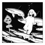  1girl animal border fish greyscale high_contrast highres miki_kusumoto monochrome open_mouth original road_sign shark sign white_border 