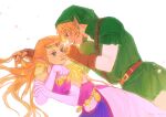  armor blonde_hair blue_eyes cherry_blossoms circlet dress elbow_gloves english_commentary gauntlets gloves green_hat green_tunic highres link pink_dress pointy_ears princess princess_zelda shirt shoulder_armor the_legend_of_zelda the_legend_of_zelda:_ocarina_of_time tunic white_background white_shirt yushx31 