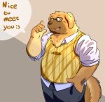  2015 anthro bottomwear brown_body brown_fur canid canine canis clothing domestic_dog english_text eyewear fur glasses hi_res humanoid_hands kemono male mammal overweight overweight_male pants shirt simple_background solo text topwear wdh3905 