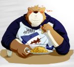  2012 anthro blush eyes_closed food humanoid_hands japanese_text kemono male mammal overweight overweight_male solo text ursid wdh3905 