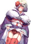  1girl ass_visible_through_thighs blush fire_emblem fire_emblem_heroes flower garter_straps grey_hair hair_flower hair_ornament hair_over_one_eye harihisa japanese_clothes kimono kvasir_(fire_emblem) kvasir_(unknown_future)_(fire_emblem) looking_at_viewer nose_blush obi official_alternate_costume panties purple_kimono red_panties red_thighhighs sash short_hair solo thighhighs underwear 