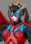  breasts colored_sclera green_eyes green_sclera grey_background humanoid_robot makeup mechanical_wings medium_breasts no_humans red_lips robot robot_girl science_fiction sesame_ange transformers transformers:_generation_1 upper_body windblade wings 