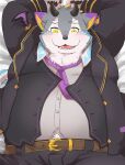 anthro bed belly belphegor_(tas) belt blush canid canine canis clothing demon fur furniture grey_body grey_fur hi_res horn lifewonders lying male mammal necktie on_back overweight shirokumaou solo suit tokyo_afterschool_summoners wolf yellow_eyes