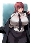  1girl alternate_breast_size blush braid breasts brown_eyes chainsaw_man coat highres large_breasts long_hair looking_at_viewer makima_(chainsaw_man) musashino_sekai necktie red_hair smile solo suit 