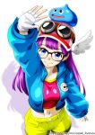  1girl baseball_cap black-framed_eyewear blue_eyes blue_jacket closed_mouth dr._slump fingerless_gloves glasses gloves goggles goggles_on_headwear hat highres jacket long_hair long_sleeves looking_at_viewer midriff navel nel-zel_formula norimaki_arale open_clothes open_jacket pink_hat purple_hair short_shorts shorts slime_(creature) smile solo stomach twitter_username very_long_hair web_address white_gloves yellow_shorts 