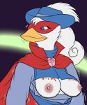 absurd_res anatid anseriform anthro avian big_breasts bird blood blue_eyes bodily_fluids breasts cape ciphna12 clothing daisy_and_the_mysteries_of_paris daisy_duck disney duck exposed_breasts female fluffy_breasts french_clothing frown glare hair hat headgear headwear hero hi_res mask masked_female nipples non-mammal_breasts non-mammal_nipples pink_nipples ponytail shaking solo the_rose_of_paris torn_clothing tremble_lines trembling wounded