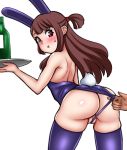  1girl animal_ears asortofcolorfag ass backless_leotard bare_shoulders blush bottle brown_hair bunny_ears bunny_girl bunny_tail bunnysuit collaboration commentary donburikazoku english_commentary from_behind holding holding_tray kagari_atsuko leaning_forward leotard leotard_pull little_witch_academia long_hair looking_at_viewer looking_back open_mouth purple_legwear purple_leotard pussy red_eyes simple_background skindentation solo tail thighhighs thighs tray wedgie white_background wine_bottle 