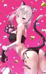  1girl absurdres ahoge animal_ears arched_back ass bandaged_arm bandages bare_shoulders black_bra black_panties blurry bra breasts cat_ears cat_girl cat_lingerie cat_tail cowboy_shot depth_of_field frilled_bra frills gloves hair_ornament highres kemonomimi_mode long_hair looking_at_viewer looking_to_the_side medium_breasts meme_attire mole mole_under_eye momonoko_noko nijisanji panties paw_gloves paws pink_background purple_eyes side-tie_panties silver_hair smile solo sukoya_kana tail tail_raised thighs twintails underwear underwear_only virtual_youtuber x_hair_ornament 