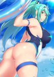  1girl aqua_eyes aqua_hair arm_strap ass aster_crowley back bangs bare_shoulders blue_sky blue_swimsuit blush breasts closed_mouth earrings highleg highleg_swimsuit highres innertube jewelry large_breasts long_hair looking_at_viewer one-piece_swimsuit pneuma_(xenoblade_2) ponytail sky smile swept_bangs swimsuit thigh_strap thighs tiara two-tone_swimsuit water_drop white_swimsuit xenoblade_(series) xenoblade_2 