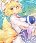  1girl bangs blonde_hair breasts brooch closed_mouth covered_nipples dress fox_tail hat highres huge_breasts jewelry light_smile long_sleeves looking_at_viewer medium_hair multiple_tails pillow_hat solo tabard tail touhou umigarasu_(kitsune1963) upper_body white_dress white_headwear wide_sleeves yakumo_ran yellow_eyes 