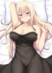  1girl bismarck_(kancolle) black_camisole blonde_hair blue_eyes blush breasts camisole cleavage collarbone highres kantai_collection large_breasts long_hair looking_at_viewer lying on_bed ruin_re_birth smile solo underwear 