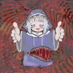  1girl abstract_background body_horror gawr_gura grey_hair highres hololive hood hoodie horror_(theme) looking_at_viewer open_mouth saliva shark_girl sharp_teeth smile solo teeth virtual_youtuber yoruseh 
