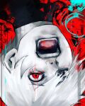  1boy black_shirt cracked_skin glowing glowing_eye grey_eyes highres jobjobpooh131 kaneki_ken male_focus multicolored_background open_mouth red_background red_eyes screaming shirt solo solo_focus tokyo_ghoul turtleneck upside-down white_hair 