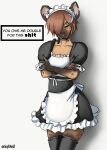 anthro brown_body brown_fur brown_hair choker clothed clothing digital_media_(artwork) eye_scar facial_scar female fur green_eyes hair hi_res hyena jabari_(oricyuwu) jewelry legwear maid_apron maid_collar maid_headdress maid_uniform mammal markings necklace oricyuwu scar simple_background solo spots spotted_body spotted_fur spotted_hyena stockings text uniform