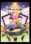  barbed_wire book brothers highres jacket matsu_symbol matsuno_choromatsu matsuno_ichimatsu matsuno_jyushimatsu matsuno_karamatsu matsuno_osomatsu matsuno_todomatsu nervous_smile open_book osomatsu-san ouka_(stan) pants sextuplets shouji siblings sitting sitting_on_table sliding_doors smile sweatpants 