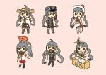  1girl :d absurdres ahoge beret bismarck_(kantai_collection) bismarck_(kantai_collection)_(cosplay) black_gloves black_legwear box brown_gloves brown_hair brown_skirt cardboard_box cherry_blossoms chibi cosplay crown detached_sleeves dress eyebrows_visible_through_hair fingerless_gloves flower gloves grey_footwear grey_hair hair_between_eyes hat headgear highres holding holding_umbrella kantai_collection kiyoshimo_(kantai_collection) kongou_(kantai_collection) kongou_(kantai_collection)_(cosplay) long_hair long_sleeves looking_at_viewer low_twintails mini_crown mole mole_under_eye mole_under_mouth multiple_views musashi_(kantai_collection) musashi_(kantai_collection)_(cosplay) nontraditional_miko off-shoulder_dress off_shoulder open_mouth oriental_umbrella peaked_cap pink_background pom_pom_(clothes) ponytail red_flower red_rose red_skirt ribbon-trimmed_sleeves ribbon_trim richelieu_(kantai_collection) richelieu_(kantai_collection)_(cosplay) rose scarf simple_background single_thighhigh sitting skirt smile supertron6251 thighhighs twintails umbrella very_long_hair warspite_(kantai_collection) warspite_(kantai_collection)_(cosplay) white_dress white_gloves wide_sleeves yamato_(kantai_collection) yamato_(kantai_collection)_(cosplay) 