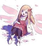  1girl :d alternate_costume black_thighhighs blonde_hair blue_eyes cherry_blossoms commentary_request fairy fairy_wings flower-shaped_pupils flower_wings hair_ribbon light_blush lily_white long_hair looking_up nama_udon overalls red_overalls red_ribbon ribbon sitting smile sweater symbol-shaped_pupils thighhighs touhou turtleneck turtleneck_sweater white_background white_footwear white_sweater wings 
