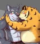  ... 2015 anthro barazoku belly blush canid canine canis clothing duo felid hi_res hug humanoid_hands kemono kissing male male/male mammal muscular overweight overweight_male pantherine simple_background tiger underwear wdh3905 wolf 
