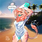 anthro beach breasts clothing cry_909 dripping dripping_wet felid female flaccid fur genitals herm hi_res intersex lion male mammal open_mouth outside pantherine paws penis pink_body pink_fur solo speech_bubble thick_thighs tight_clothing translucent translucent_clothing water wet wet_clothing