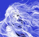  1girl bad_drawr_id bad_id blue_background blue_eyes blue_theme character_request circlet colored_skin copyright_request covered_mouth floating_hair forehead_jewel hair_over_one_eye konnyak long_hair looking_at_viewer oekaki simple_background solo upper_body very_long_hair white_hair white_skin 