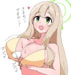  bikini blonde_hair blue_archive breasts green_eyes halo highres large_breasts long_hair looking_up nikukabe nonomi_(blue_archive) nonomi_(swimsuit)_(blue_archive) open_mouth paizuri swimsuit white_background yellow_bikini 