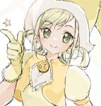 1girl asuka_momoko blonde_hair closed_mouth earrings gloves green_eyes hat highres jewelry looking_at_viewer lumeru_33 ojamajo_doremi simple_background sketch smile solo upper_body white_background yellow_gloves 