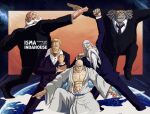 5boys artist_name bald beard birthmark black_necktie black_suit blonde_hair blue_suit clenched_hands closed_mouth dragon_ball dreadlocks earth_(planet) ethan-baron_v._nusjuro facial_hair glasses grey_hair highres holding_own_wrist ismaindahouse jaygarcia_saturn long_hair looking_at_viewer male_focus marcus_mars medium_hair multiple_boys necktie one_piece open_clothes open_mouth planet posing purple_necktie robe scar scar_across_eye scar_on_chest scene_reference serious shepherd_ju_peter shirt short_hair suit thick_mustache topman_warcury white_hair white_robe white_shirt 