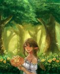  bad_drawr_id bad_id bouquet brown_hair bug bush butterfly character_request copyright_request day dress em_(emily) english_text flower forest holding holding_bouquet long_hair looking_at_viewer nature oekaki open_mouth orange_flower orange_rose original ponytail rose strapless strapless_dress thank_you tree white_dress yellow_flower yellow_rose 